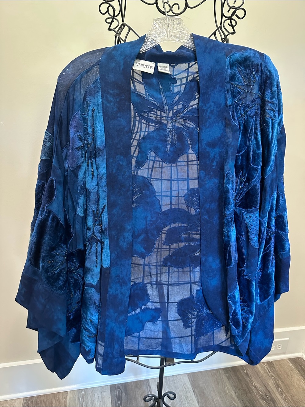 Chico's Deep Blue Floral Velvet Burnout Kimono